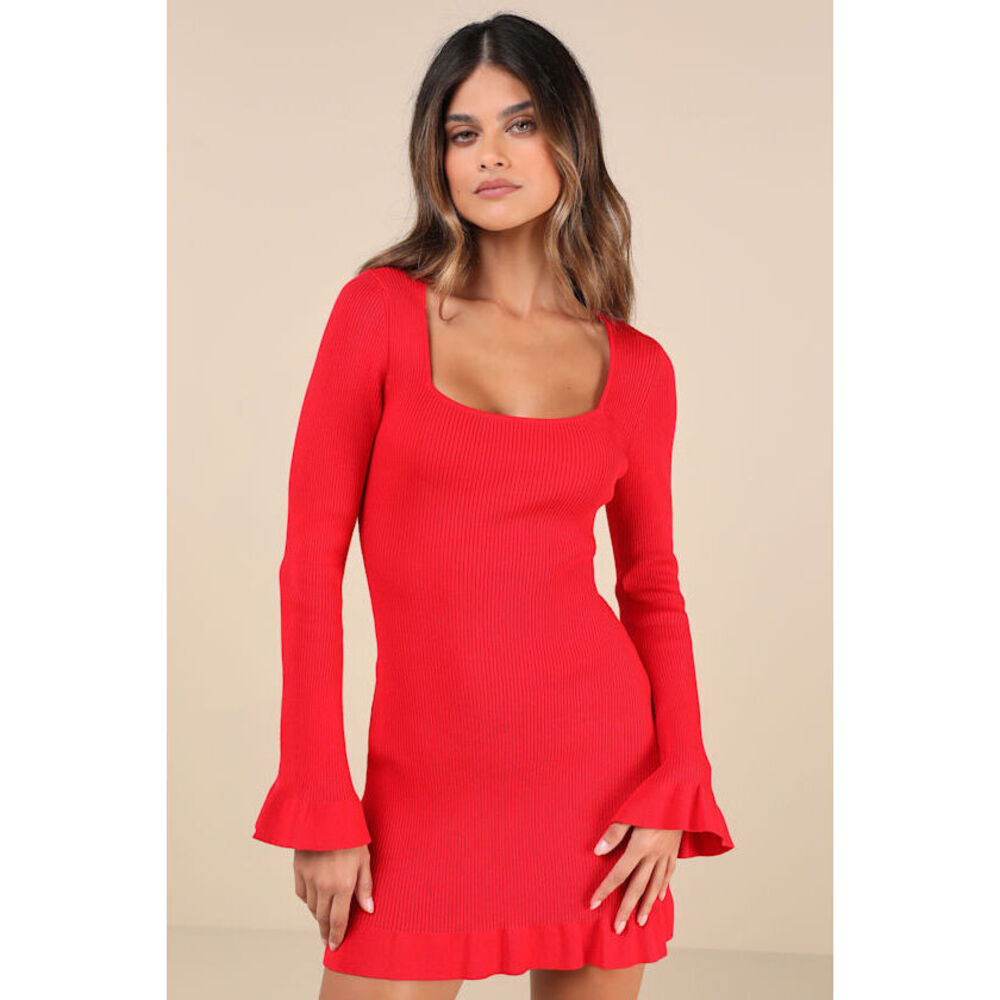 Lulus Cozy Outlook Red Long Sleeve Sweater Mini Dress - Size S